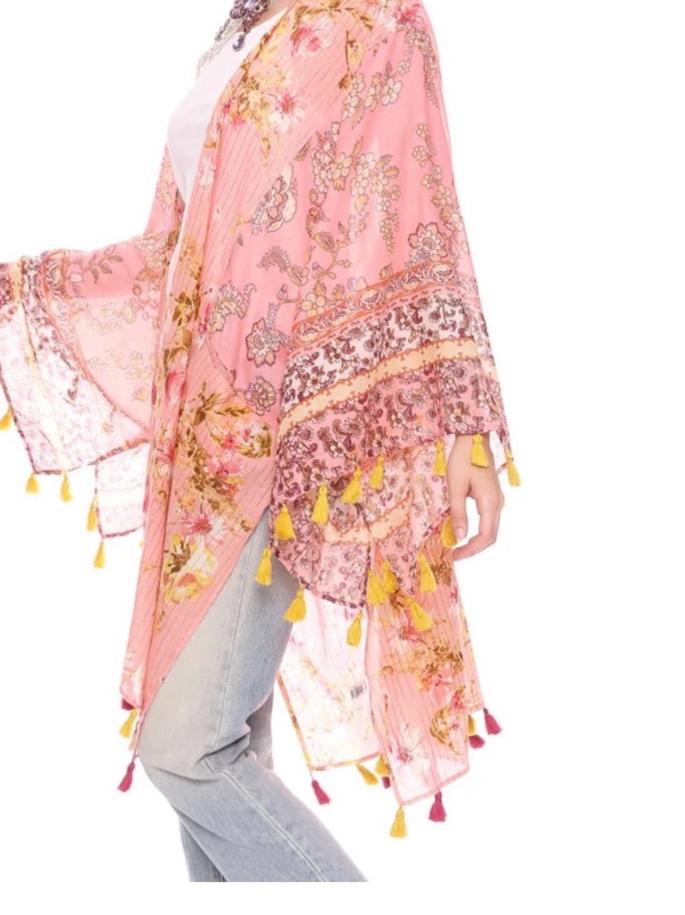 Aratta Pink Floral Sheer Kimono Wrap with Yellow Tassel Trim - Picture 4 of 9